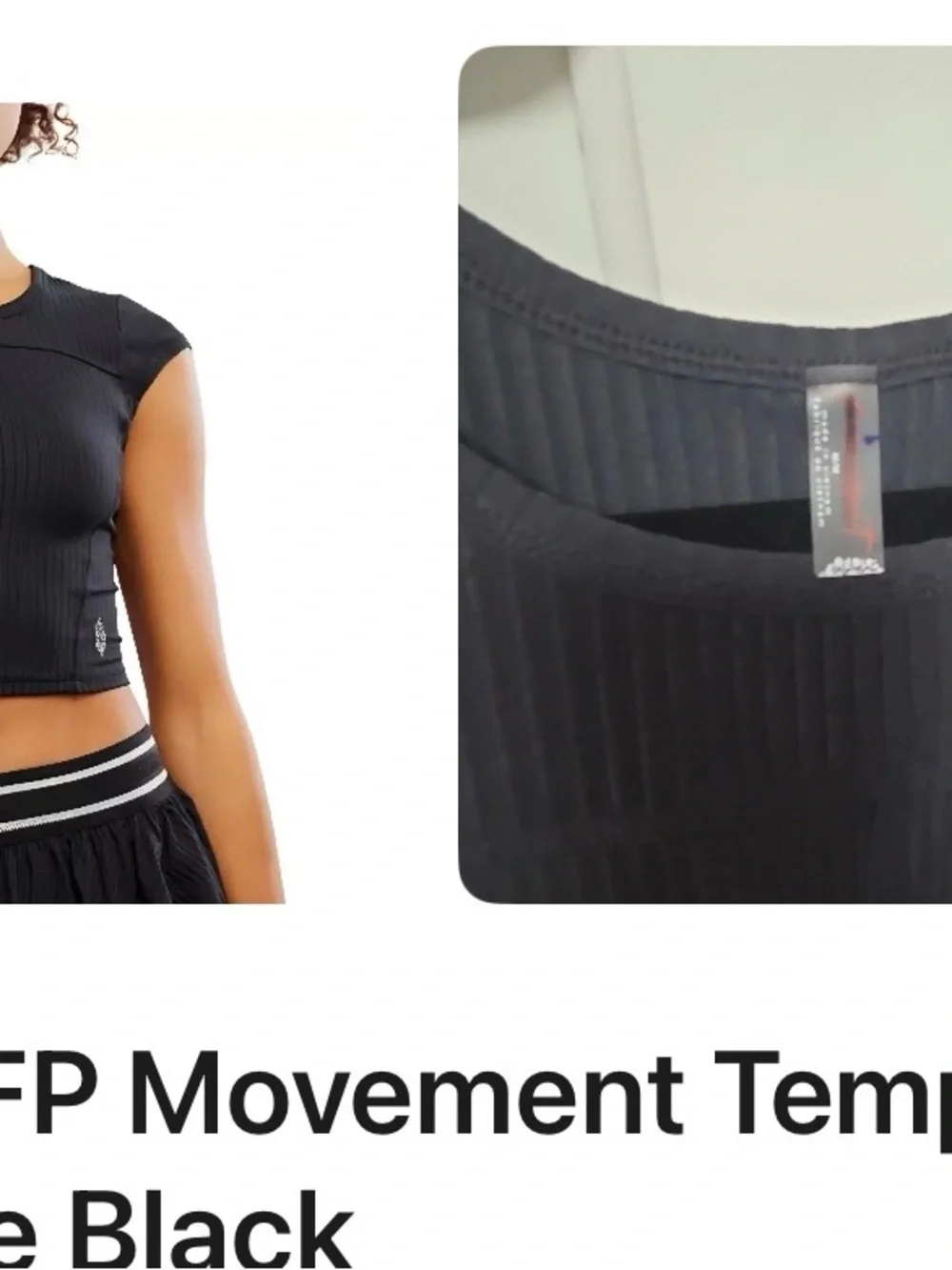 Free People Black Ribbed Cap-Sleeve Crop Top with Chest Emblem